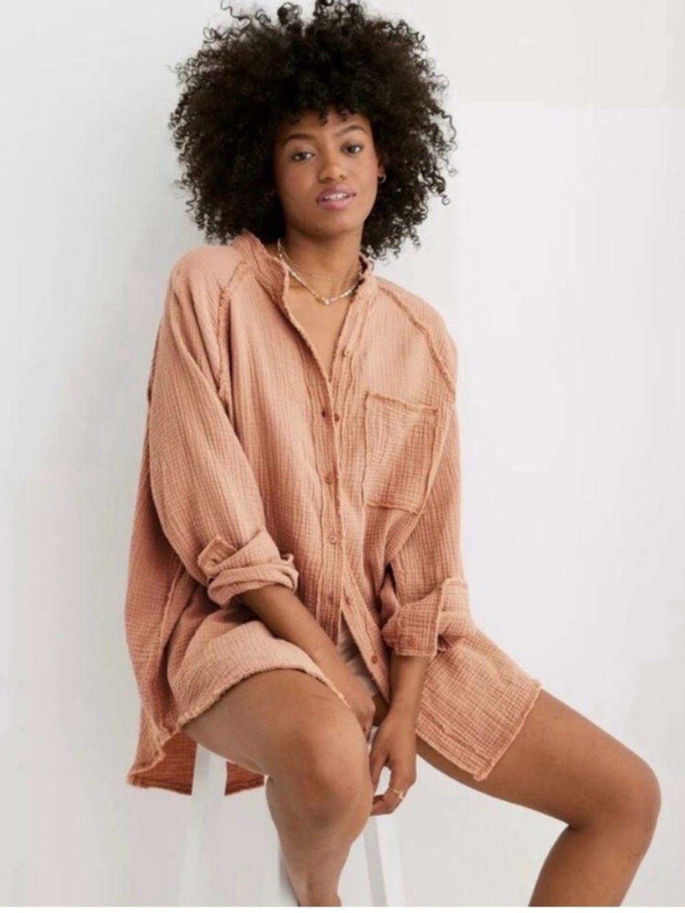aerie Peach Waffle-Knit Button Front Swim Coverup